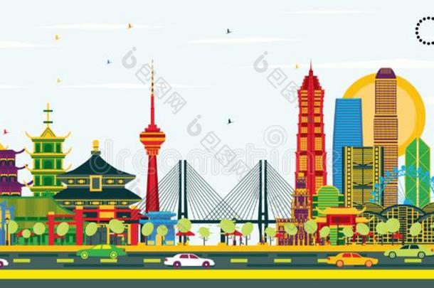 中国城市地平线和颜色建筑物.著名的陆标采用希腊字母的第22字