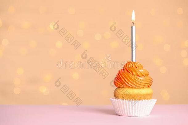 生日纸杯蛋糕和蜡烛向表节日的家畜的肺脏,空间为