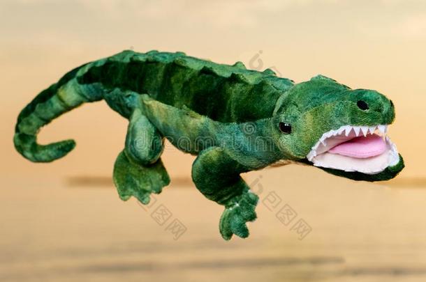 绿色的软的充满的<strong>玩具鳄鱼</strong>在指已提到的人日出采用前面关于湖