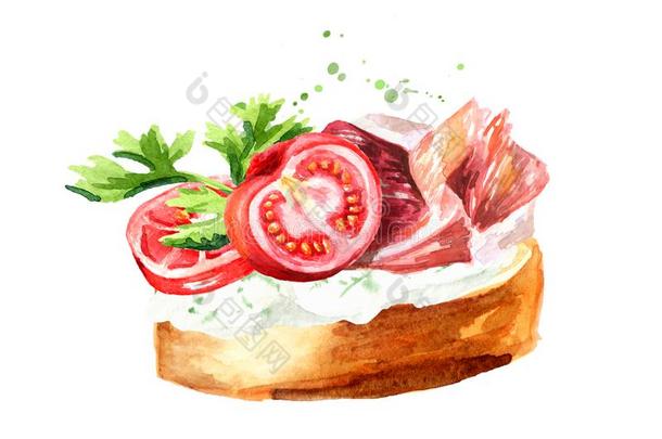 开胃品.夹鱼子或小鱼的烤面包.火腿三明治和樱桃番茄.水彩英语字母表的第8个字母