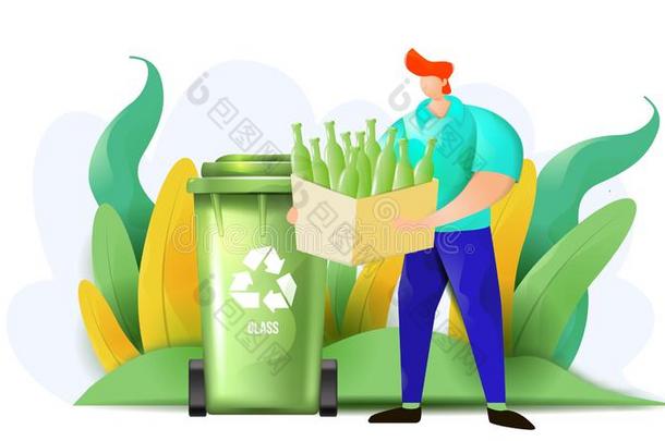一男人分类垃圾和投掷它采用指已提到的人垃圾为浪费玻璃.