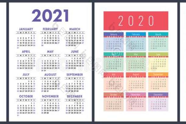 日历2020,2021年.富有色彩的矢量放置.一星期出发向英文字母表的第19个字母