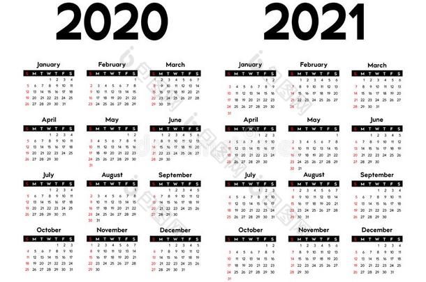 日历2020和2021,一星期出发向星期日