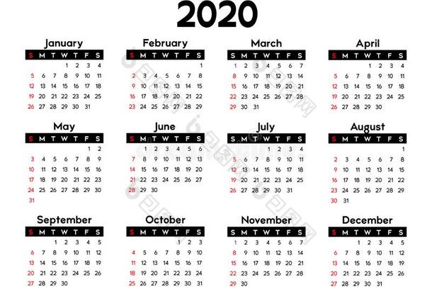 日历2020,一星期出发向星期日,基本的商业样板