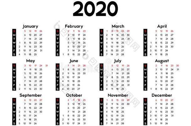 日历2020,一星期出发向星期日,基本的商业样板