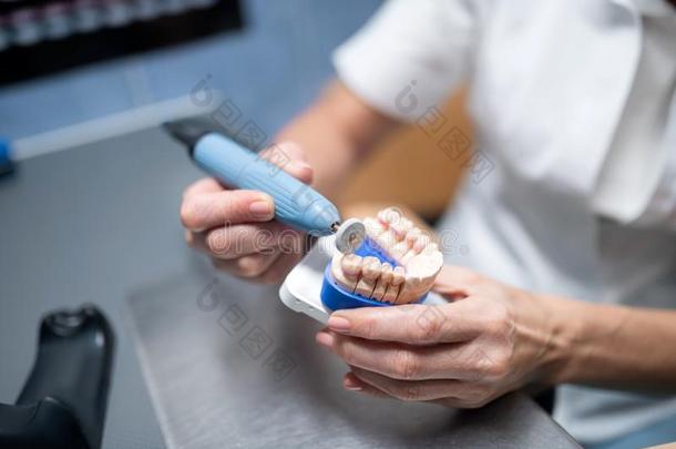 牙齿的假体采用手关于牙齿的技术人员.