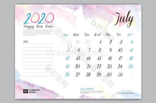 书桌日历为2020年,七月2020样板,一星期开始向英文字母表的第19个字母