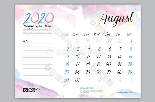 书桌日历为2020年,八月2020样板,一星期开始向