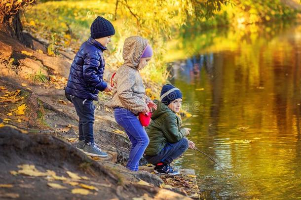 num.三孩子们朋友演奏捕鱼和乡间在近处池塘采用
