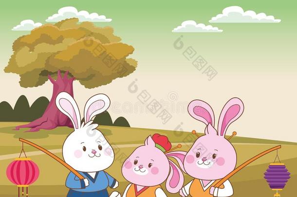 兔子庆祝中间的秋节日漫画