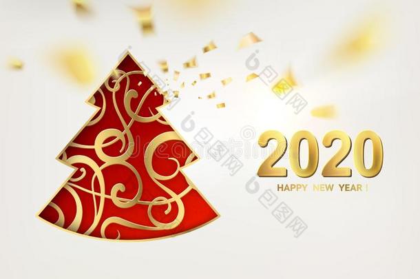 愉快的圣诞节和幸福的新的年2020卡片和金色的蒸气<strong>泡沫塑料</strong>
