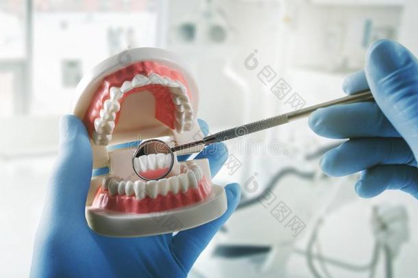 口头的卫生牙齿的健康状况-牙科医生和牙模型和镜子