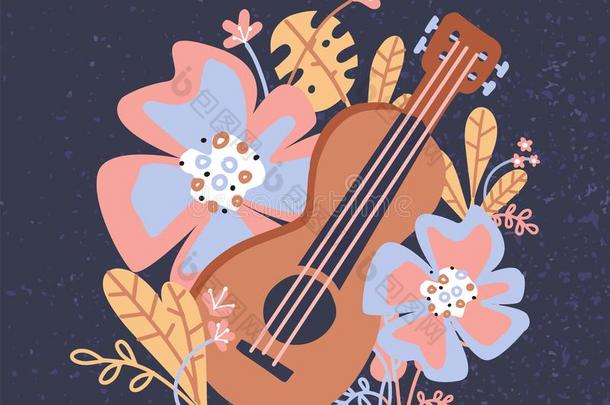 夏威夷的四弦琴和热带的树叶,花.木制的听觉的吉他为