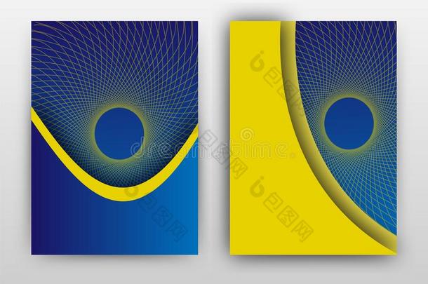 黄色的蓝色几何学的圆形的波浪形的线条设计为每年的报告,