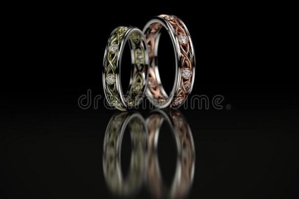 珠宝婚礼带金戒指和菱形向黑的后座