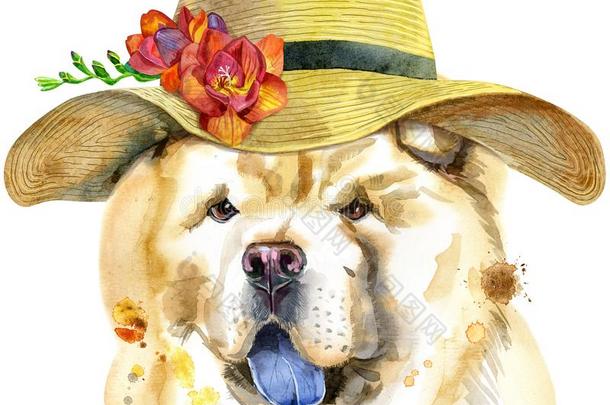 水彩肖像关于原产地中国的狗-原产地中国的狗狗和一宽的-满到边际的夏