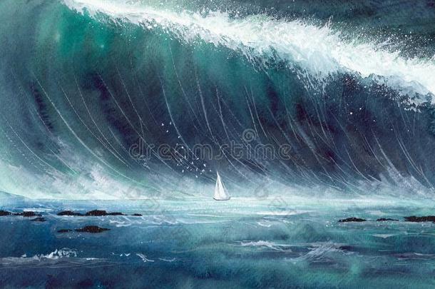 <strong>水彩</strong>帆船运动小船采用暴风雨和巨大的绿色的波浪