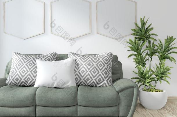 愚弄在上面<strong>海报</strong>框架房间和沙发绿色的和装饰植物.