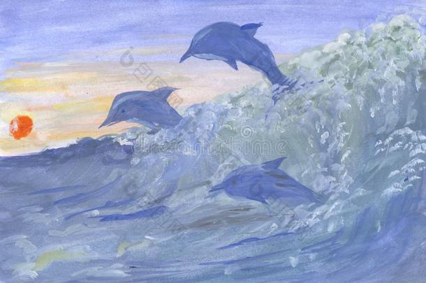 水彩绘画海风景和海豚明亮的illustrati