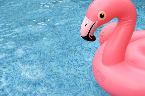需充气的粉红色的红鹳浮动采用明亮的蓝色水池水