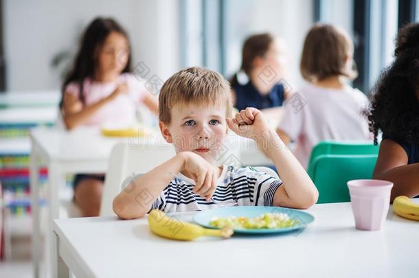 一组关于欢乐的小的学校小孩采用小卖部,eat采用g午餐.