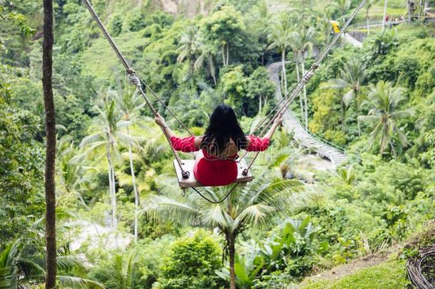 年幼的旅行者女人愉快活跃的越过指已提到的人热带的雨林在balancing平衡