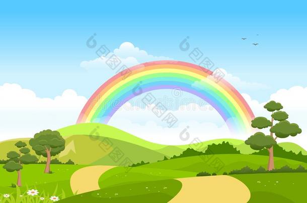 美丽的彩虹天和绿色的草地山自然园林景观