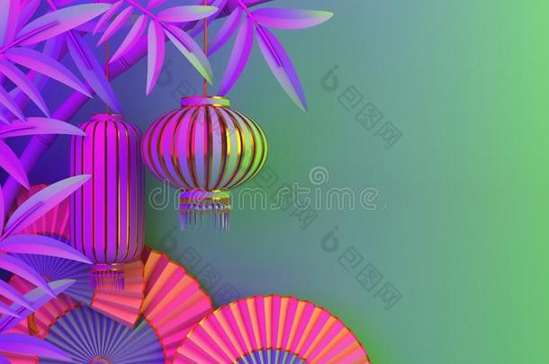 竹子,传统的中国人灯笼装饰用灯,纸扇子向紫色
