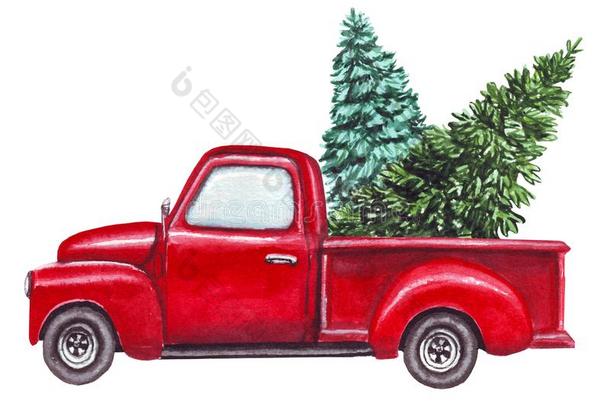 水彩红色的汽车,货车和绿色的圣诞节树隔离的向
