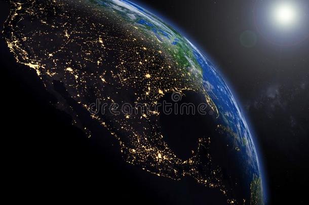 行星地球和终结者线条.北方美国人大陆.