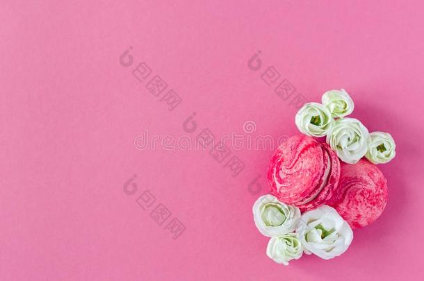 两个粉红色的法国的马卡龙和白色的花.平的放置,位为