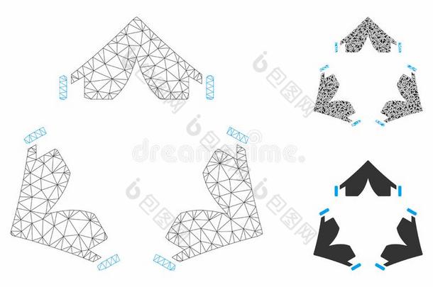 帐篷营地矢量网孔金属丝框架模型和三角形马赛克偶像