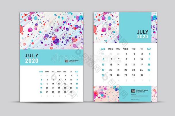 七月2020样板,书桌日历2020,时髦的背景,vectograp矢量图