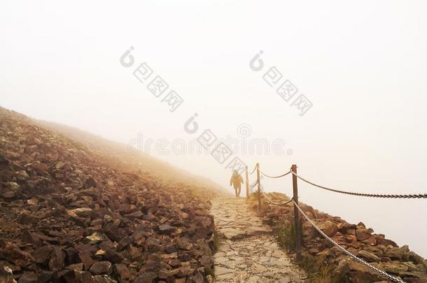 男人徒步旅行向一mount一inp一th被环绕着的在旁边浓的白色的薄雾