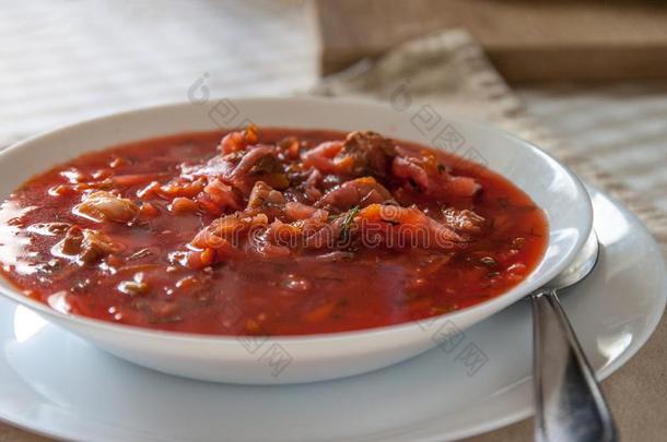 传统的乌克兰人-俄国的番茄罗宋汤汤和有酸味的肌酸酐