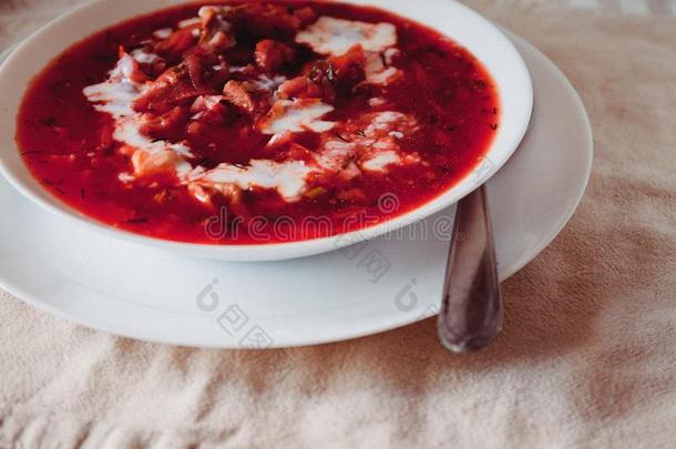 传统的乌克兰人-俄国的番茄罗宋汤汤和有酸味的肌酸酐