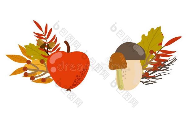 美丽的秋花束放置和苹果,蘑菇,浆果和英语字母表的第12个字母
