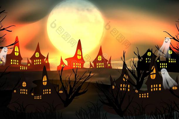 万圣节前夕背景发光.满的月亮越过老的城镇闹鬼的房屋