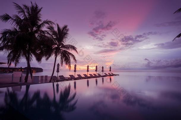 美丽的游泳池边和日落天.奢侈的热带的海滩l和