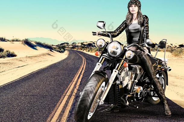 有魅力的骑自行车的人女孩坐向她<strong>摩托</strong>车采用指已提到的人<strong>沙漠</strong>
