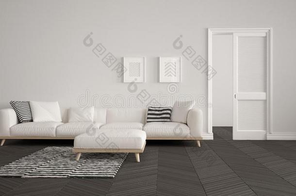 <strong>现代</strong>的活的房间和白色的沙发和<strong>地毯</strong>,空白的墙后面