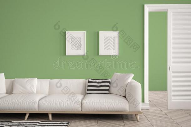 <strong>现代</strong>的活的房间和白色的沙发和<strong>地毯</strong>,绿色的墙后面