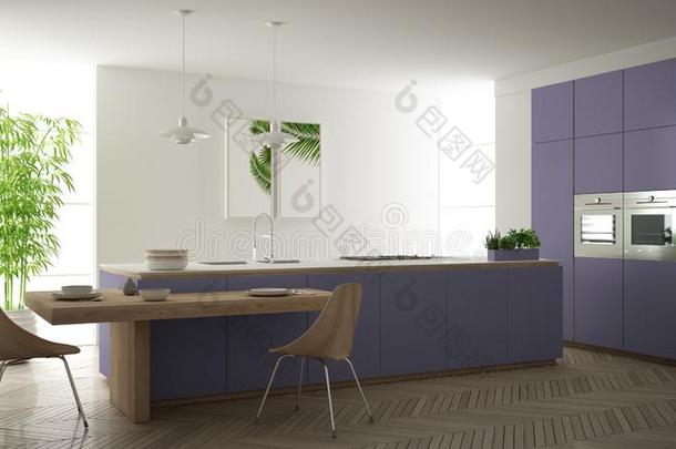 现代的干净的当代的紫色的厨房,岛和木制的你知道的
