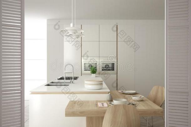 白色的可折叠的<strong>门开</strong>幕向现代的白色的厨房和木制的英语字母表中的第四个字母