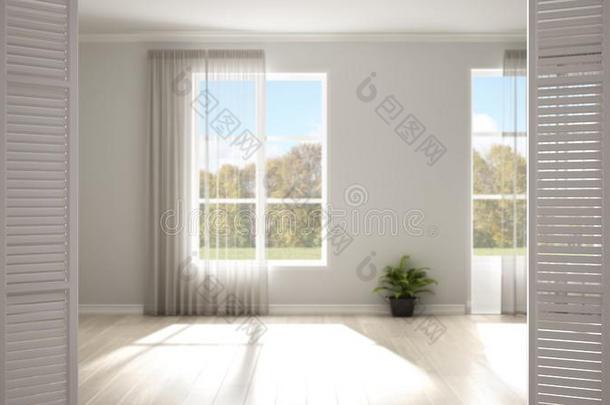 白色的可折叠的门开幕向现代的时髦的空的房间和平底锅