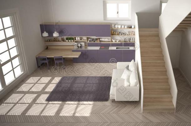 极简抽象艺术的现代的白色的紫罗兰和木制的厨房采用同时代的