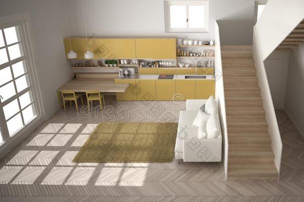 极简抽象艺术的现代的白色的黄色的和木制的厨房采用<strong>同时</strong>代的