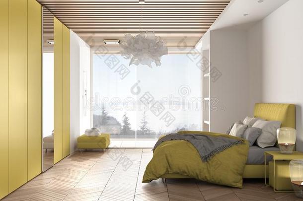 极简抽象艺术的白色的和黄色的有色的卧室采用当代的土壤-植物-大气连续体