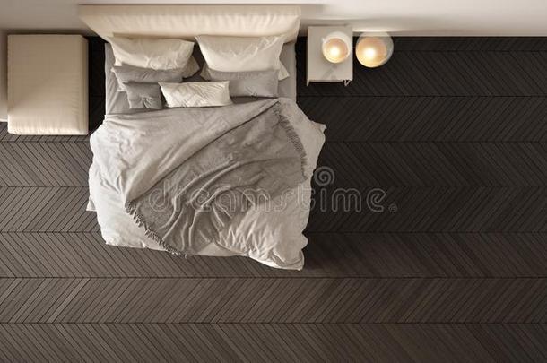 舒适的现代的白色的和灰色卧室和木制的人字形
