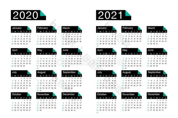 日历2020,2021,一星期出发向星期日